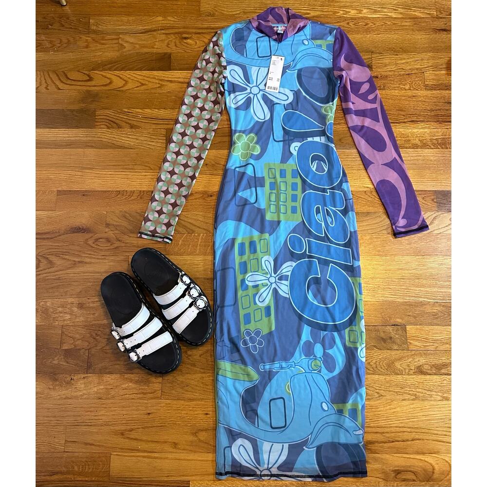 Zoe Urban Outfitters Printed Ciao Blue Green Long Sleeve Midi Dress Small Retro
